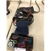 Image 1 : BLACK LEATHER STYLE TRAVEL ORGANIZER, WOMEN'S LEATHERY STYLE GLOVES ASSORTED BELTS AND BLUE TOQUE