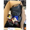 Image 1 : BOX OF ASSORTED HAND BAGS, GLASSES, UMBRELLAS AND MORE