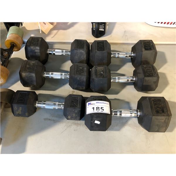 LOT OF ASSORTED DUMBBELL WEIGHTS INCLUDING 2 - 40LBS, 2 - 30LBS, 1 -35LBS AND 1 - 20LBS