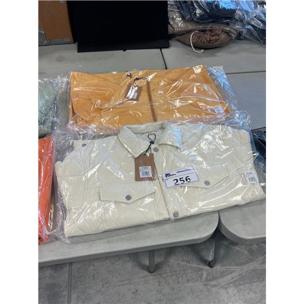 STUSSY SIZE M QUILTED NYLON RANCH JACKET BONE, AND STUSSY SIZE M WAVE DYE BEACH SHELL MUSTARD