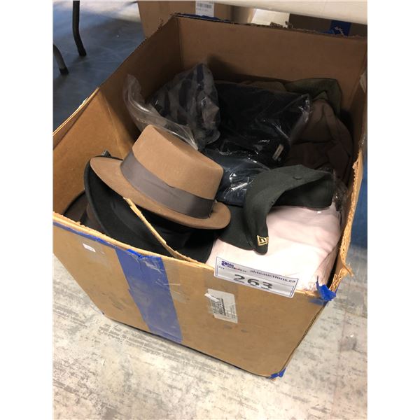 BOX OF ASSORTED MEN'S AND WOMEN'S CLOTHING INCLUDING PANTS, SHIRTS, HATS AND MORE