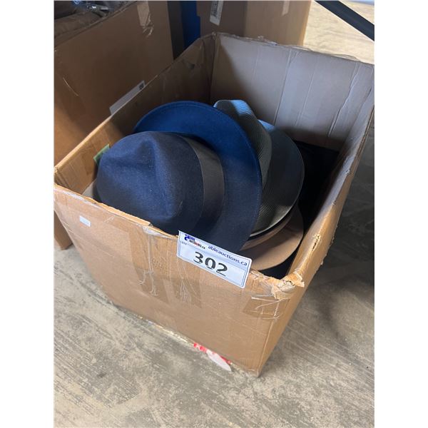 BOX OF HATS INCLUDING STETSON, BRIXTON, GODFATHER, LEVIS JEANS AND MORE