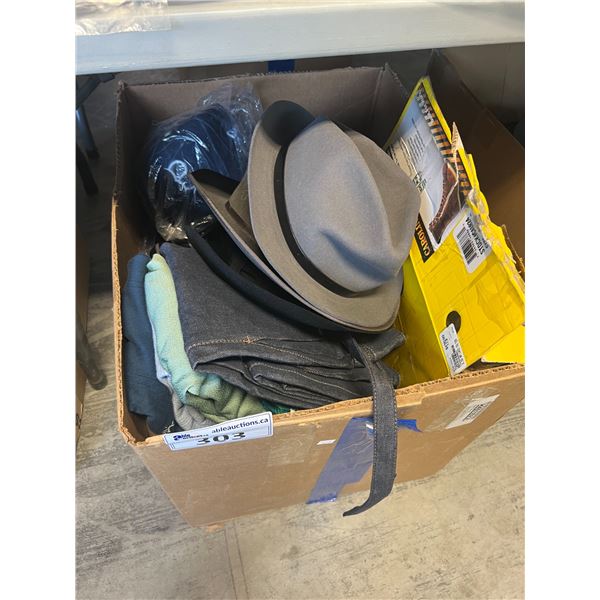 BOX OF HATS INCLUDING STETSON, JAMES DEAN, BRIXTON AND MISC. MENS CLOTHING