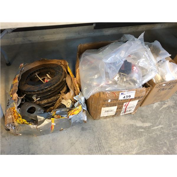 LOT OF ASSORTED HARDWARE INCLUDING BRAKE PADS, ROTORS, AND CALIPERS, DRAWER HANDLES, CURTAIN RINGS,