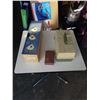Image 1 : TACKLE BOX WITH CONTENTS, SMALL WOOD CABINET AND DRILL BITS