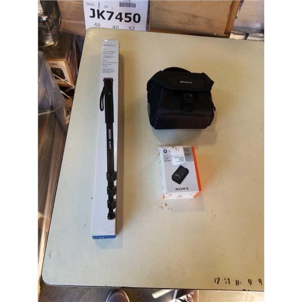 AS NEW INSIGNIA 70" MONOPOD, SONY CAMERA CASE AND SONY BATTERY CHARGER
