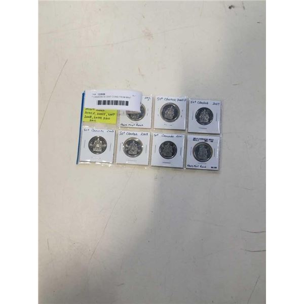 7 CANADIAN 50 CENT COINS FROM MINT ROLLS - 2002 P, 2005 P, 2007, 2008, 2009, 2010, 2011