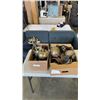 Image 1 : 2 BOXES OF VINTAGE BRSS ITEMS: OIL LAMPS, PORCELAIN DOOR KNOBS AND MORE