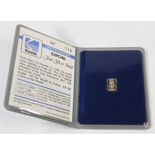 LTD EDITION EXPO 86 FINE SILVER INGOT 1g