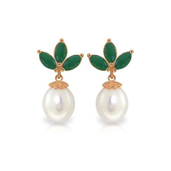 Genuine 9.5 ctw Emerald & Pearl Earrings 14KT Rose Gold - REF-35F2Z