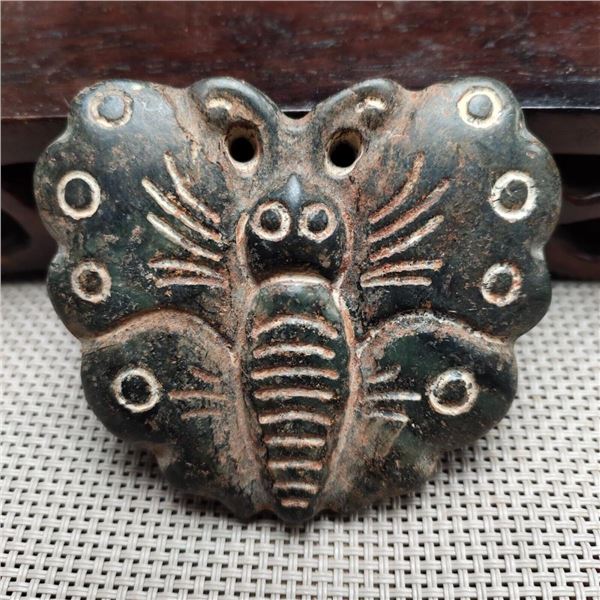 Antique Rare Chinese Black  Jade Butterfly Pendant