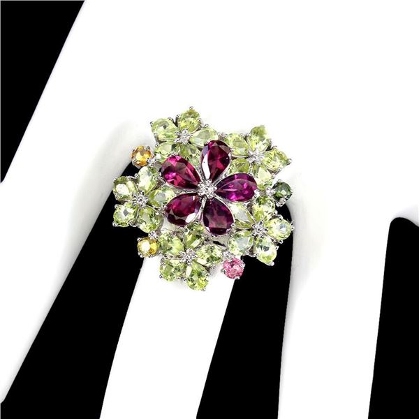 Natural Rhodolite Garnet  Peridot Tourmaline Ring