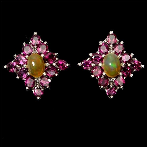 Natural Ethopian White Opal  Rhodolite Garnet Earrings