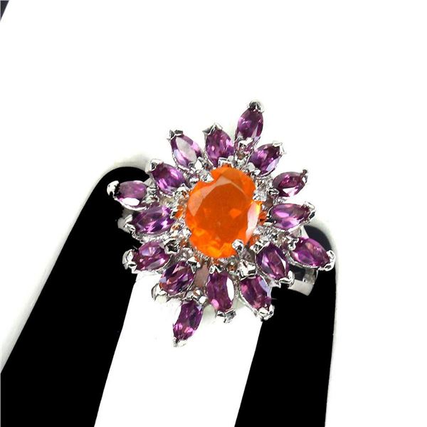 Natural Ethopian Orange Opal & Rhodolite Garnet Ring