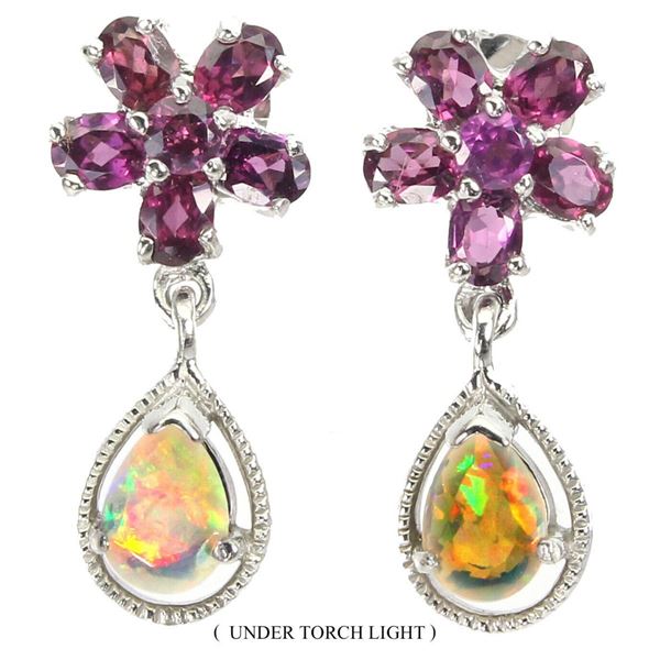 Natural Ethiopian White Opal & Rhodolite Garnet Earrings