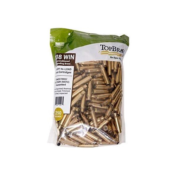 TOP BRASS ONCE FIRED UNPRIMED BRASS .308 WIN 250CT POUCH