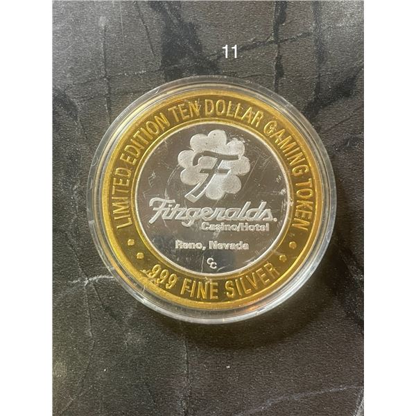 Limited Edition 10 Dollar Fitzgerald Casino Gaming Token Fine Silver Center in Brass Ring