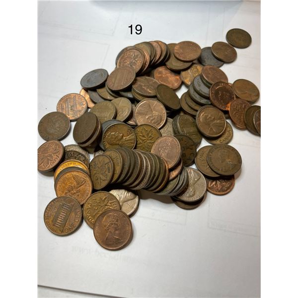 Assortment of Canadian and American Pennies