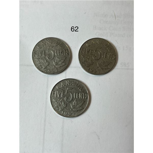 3x 1927 Canadian Nickles