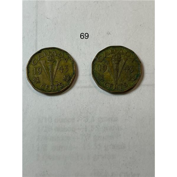 2x 1943 Canadian Tombac Nickles