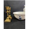 Image 2 : Vintage Lot of Two Brass Candle Holders & Ceramic Pitcher and Basin