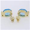 Image 3 : 14K Yellow Gold 2.62 ctw Cushion Checkerboard Blue Topaz & Diamond Stud Earrings