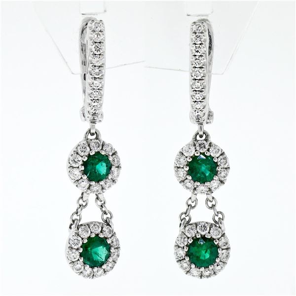 New 14K White Gold .89 ctw Round Emerald & Diamond Dual Halo Drop Dangle Earring