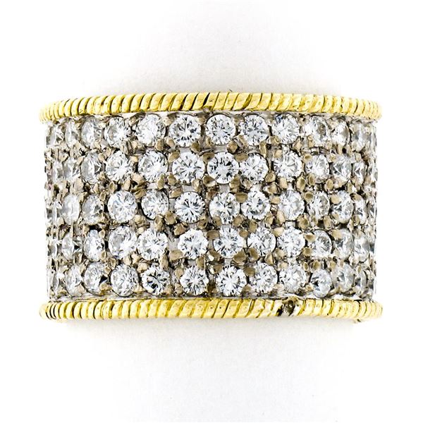 Vintage 18k Gold 3.6 ctw Pave Round Diamond Wide Eternity Band Twisted Wire Edge