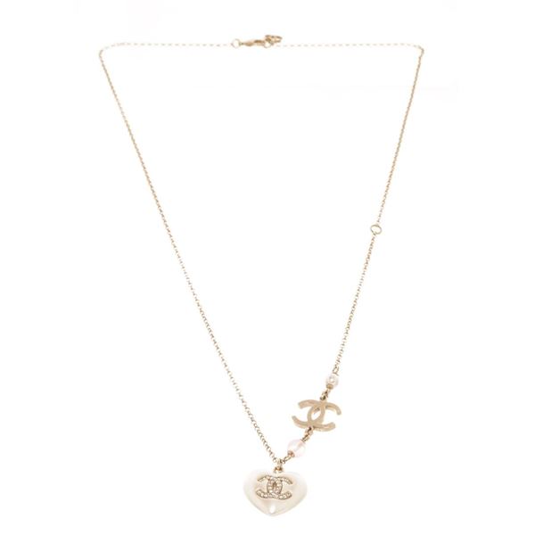 Chanel White Gold Resin Crystal CC Heart Pendant Nacklace