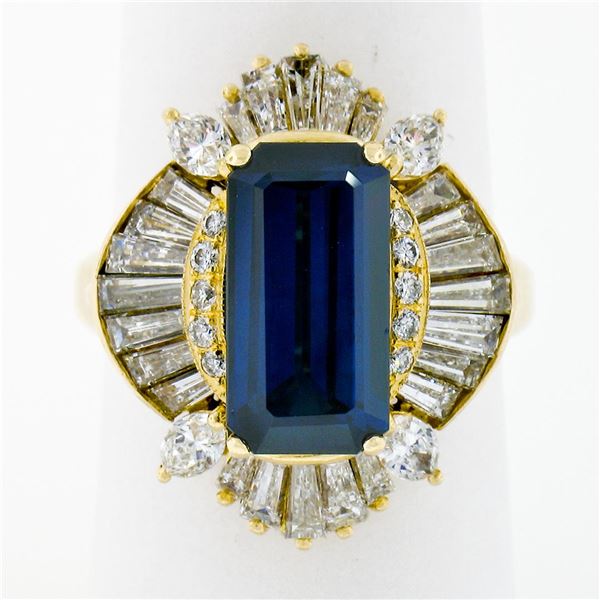 Estate 18k Gold 6.80 ctw AGL Emerald Cut Sapphire Diamond Ballerina Cocktail Rin