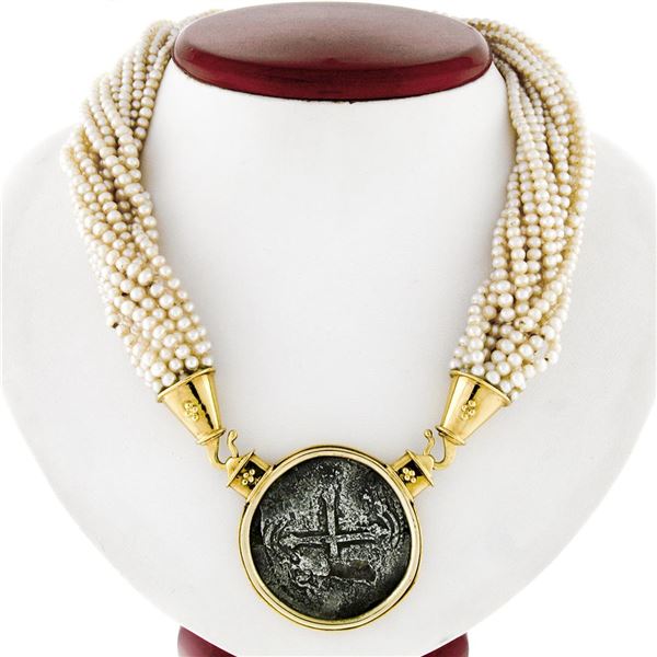 Vintage 18k Gold 16 Strand Pearl Necklace Spanish Piece of Eight Coin Pendant