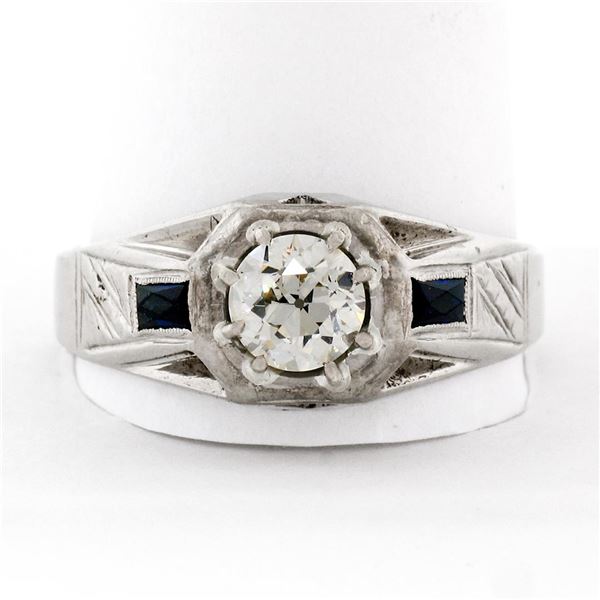 Antique Art Deco Mens 14K White Gold .90 ctw European Diamond Sapphire Etched Ri