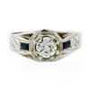Image 4 : Antique Art Deco Mens 14K White Gold .90 ctw European Diamond Sapphire Etched Ri