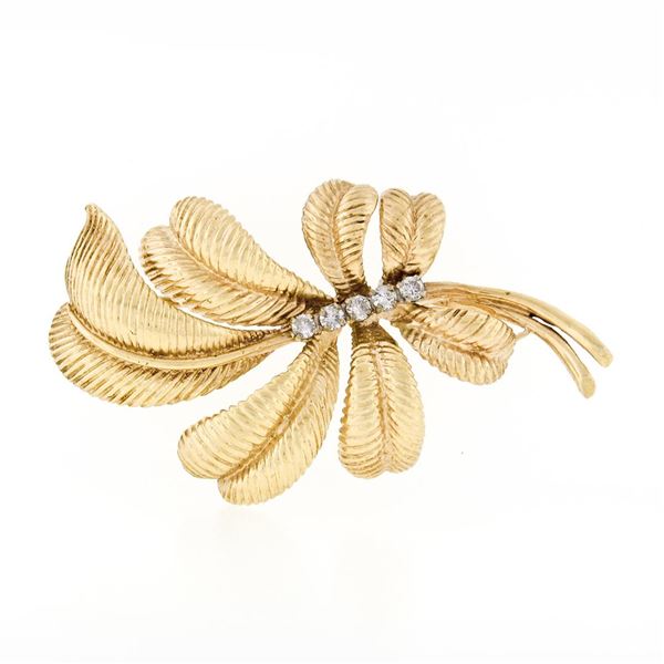 Vintage 14k Yellow & White Gold .25 ctw Round Diamond Fern Leaf Branch Brooch Pi