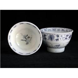 LG UNDERGLAZED BLUE & WHITE BOWLS, FLORAL & BIRDS
