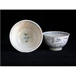 MED UNDERGLAZED BLUE & WHITE BOWL, FLORAL; LG UNDE