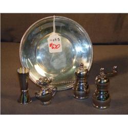 STERLING PLATE W/ SHAKER MEASURER & CANAPE STICKS