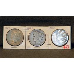 SILVER PEACE DOLLARS, 1922-S, 1922-D & 1924