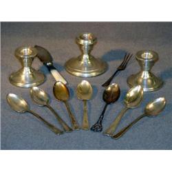 TRAY LOT STERLING INCL CANDLESTICKS & SPOONS