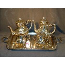 4 PC 800 SILVER TEA SET ON DBL HANDLED PLATED TRAY