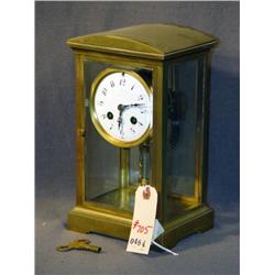 BRASS & GLASS PORCELAIN DIAL MANTLE CLOCK
