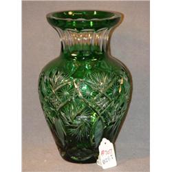 GREEN CUT OVERLAY 11" GLASS VASE