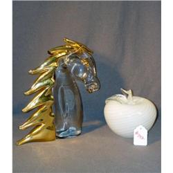 LG GLASS APPLE PAPERWEIGHT & GLASS HORSE HEAD