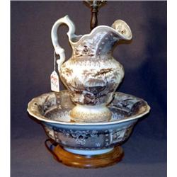 STAFFORDSHIRE PITCHER AND BOWL MADE INTO LAMP