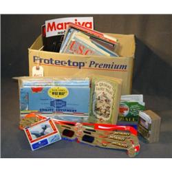 BOX LOT WITH CAMERA MAGAZINES, MINI AIRPLANES, ETC