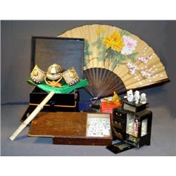 LG LOT ORIENTAL ITEMS INCL IVORY DAGGER, MAH JONG