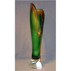 18.5" ART GLASS VASE, GREEN, AMBER & CLEAR