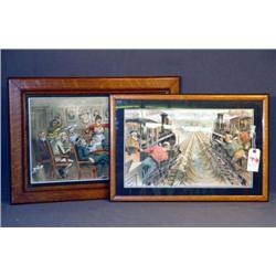 OAK FRAMED POLITICAL CARTOONS -- 2X THE MONEY