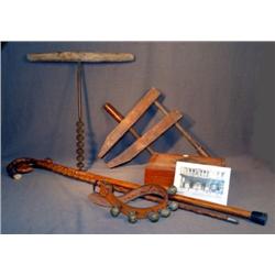 BX LOT W/ AUGER, CARVED WOODEN CANE, ETC