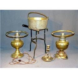 LOT BRASS OIL LAMPS, TRIVET, CANDY KETTLE, ETC.